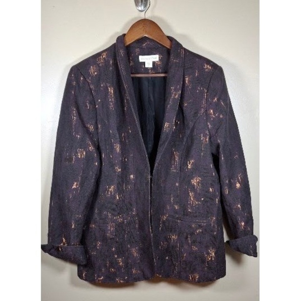 Coldwater Creek Womens 14 Purple Copper Metallic Jacquard Open Blazer Jacket